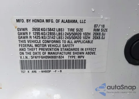 2019 Honda Pilot Elite z USA, uszkodzony, nr VIN 5FNYF6H09KB001824